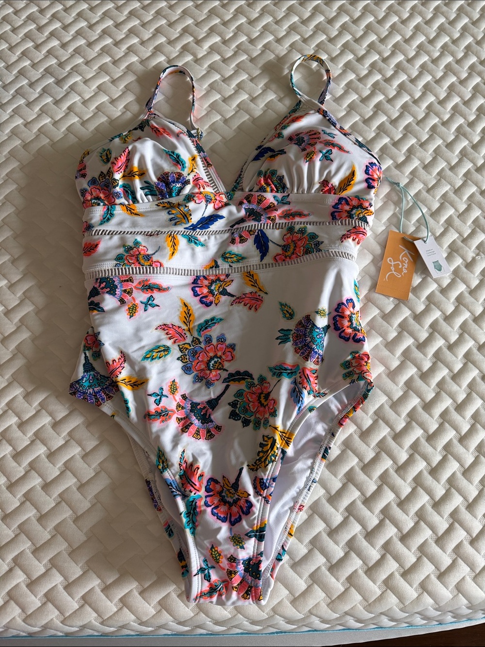 Kona Sol White Floral One-Piece Swimsuit with Multicolor Print